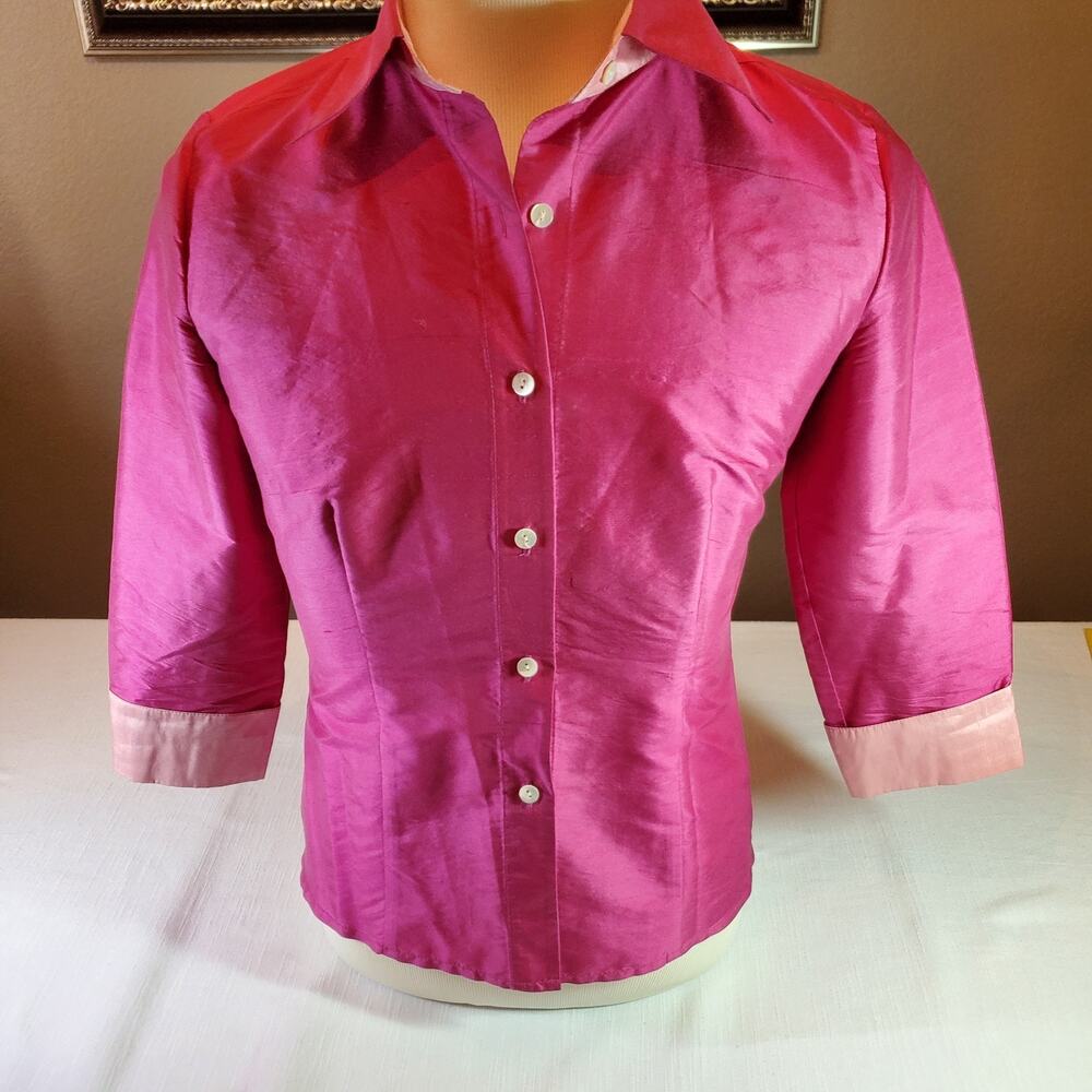 Womens Pink 100% Silk Button Down Blouse Long Sleeve Top Medium